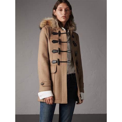 burberry detachable fur trim wool duffle coat